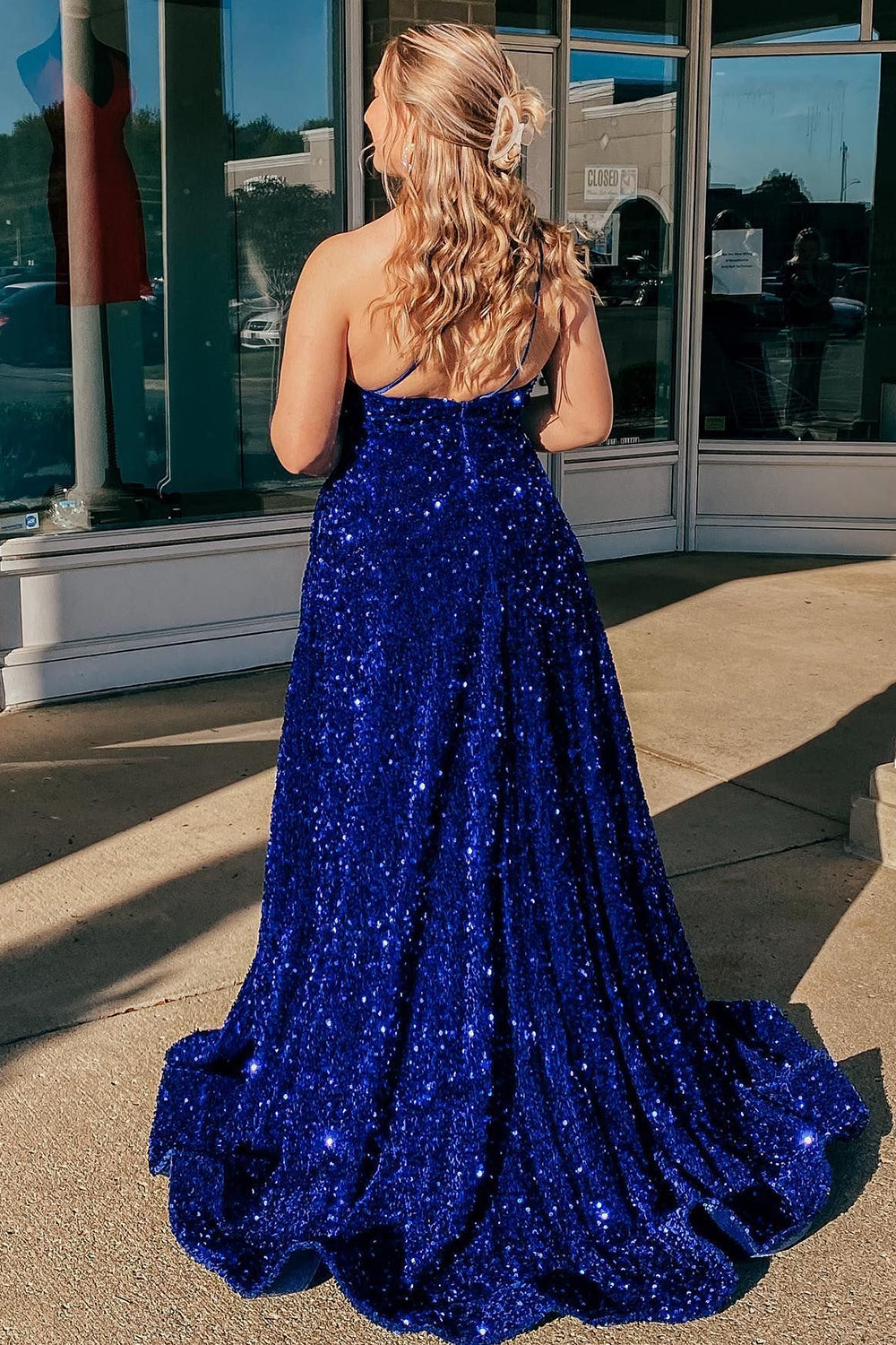 Weitese A-line One Shoulder Royal Blue Prom Dress with Beading